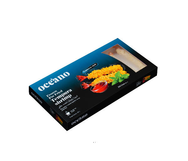 Oceano brand packaging of tempura shrimp on a white background